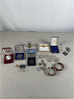 Commemorative coins, pins, silver dollars,