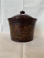 Large Redware Bowl w/Lid Decorated w/Church,