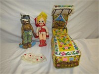 Vintage Stuffed Red Riding Hood, Wolf, Bed
