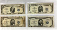 (3) 1953 $5, (1) $10 SILVER CERTIFICATES