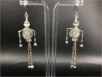 Hand Made Silver Tone Skeleton Drop Earrings