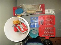 Bucket of drill bits, goggles, misc tools