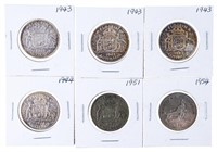 Lot - 6 Australian Florin Coins - 1943,44, 51, 54,