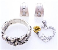 Group of 3 Sterling Silver -Ring, Earrings, Pendan