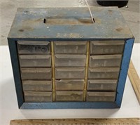 Metal storage bin w/ contents