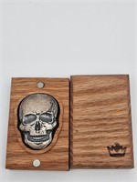 2 Troy OZ Silver Skull With Wood Display
