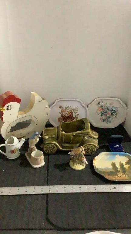 Vintage planter#, small trays, chicken decor and