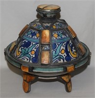 Vtg Moroccan Lidded Footed Pottery & Metal Jar