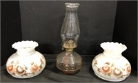 Oil Lamp w/ 2 Hand Painted Lamp Shades.