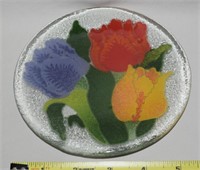 Peggy Karr Signed Fused Glass Tulips Plate 5 7/8"d