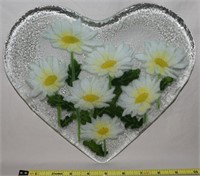 Peggy Karr Signed Fused Glass Daisy Heart Plate