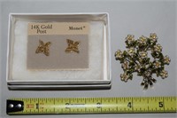 Vtg Monet 14k Gold Post Earrings +Floral Brooch