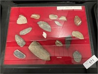 Native American Arrowheads In Display Case.
