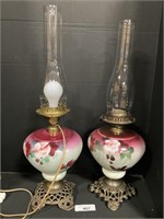 2 Painted Glass, Brass Oil Hurricane Lamps.