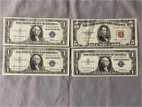 1953 $5 RED SEAL NOTE & (3) $1 BLUE SEAL