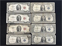 $1 & $2 Red & Blue Seal U.S. Currency.