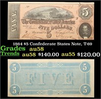 1864 $5 Confederate States Note, T-69 Grades Choic