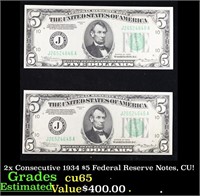2x Consecutive 1934 $5 Federal Reserve Notes, CU!