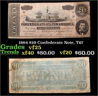 1864 $20 Confederate Note, T67 Grades vf+