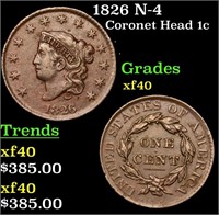 1826 Coronet Head Large Cent N-4 1c Grades xf