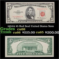 1953A $5 Red Seal United States Note Grades Gem+ C