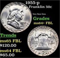 1955-p Franklin Half Dollar 50c Grades Choice Unc+