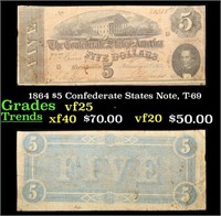 1864 $5 Confederate States Note, T-69 Grades vf+