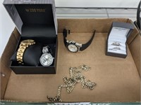 TRAY OF ASSORTED WATCHES, STERLING RING SET,