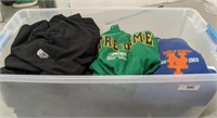 BOX OF ASSORTED CLOTHING, NORTH FACE, IRISH, METS