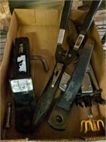 TRAY OF TOOLS, HITCHES, SHEARS,