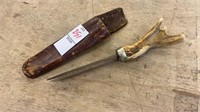 Antler handle knife in leather sheave