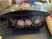 Dark brown footed wood box with painted flowers