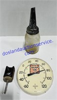 Glass Mason Oil Jar, Golden Sun Thermometer, and