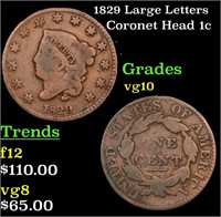 1829 Large Lttters Coronet Head Large Cent 1c Grad