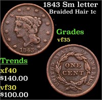1843 Sm letter Braided Hair Large Cent 1c Grades v