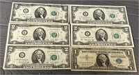 (5) 1976 $2 Bills & (1) 1957 $1 Bill Blue Seal