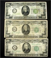 1934 34A 34C $20 FEDERAL RESERVE NOTES LOT OF 3