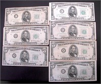 1950'S $5 FEDERAL RESERVE NOTES LOT OF 7