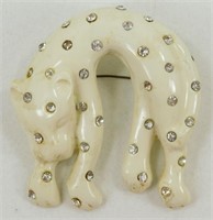 Vintage White Lucite Leopard Rhinestone Pin