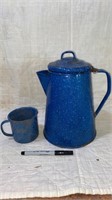 Vintage Blue Speckled Enamelware Coffee Pot, Cup