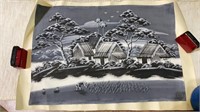 Vintage Original Asian Landscape Painting Black