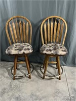 Pair of padded oak swivel bar stools