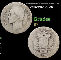1930 Venezuela 2 Bolivares Silver Y# 23 Grades g+