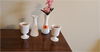 Milk glass collection, candles (2), vases (2)
