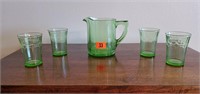 Green depression juice pitcher, glasses