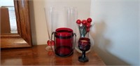 Red lantern, candle, vases, holiday picks