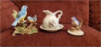 Bird collectibles, statues, bowl & pitcher set