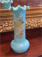 Bristol Blue Glass Vase Tall Ruffled Top Gilding