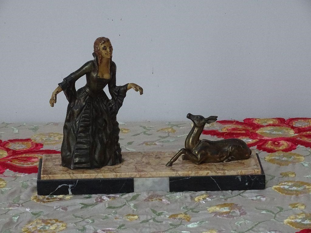 Antique Brass Victoria Lady with Deer on Marble