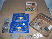 Belt buckles, marbles, coins